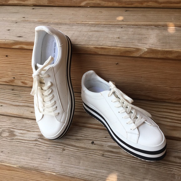 Zara Shoes - 🤍🖤Zara White/Black Striped Wedge Sneakers…